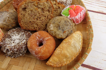 Asian traditional sweet desert on wooden board.