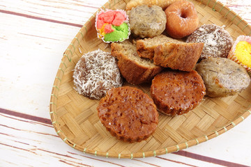 Asian traditional sweet desert on wooden board.