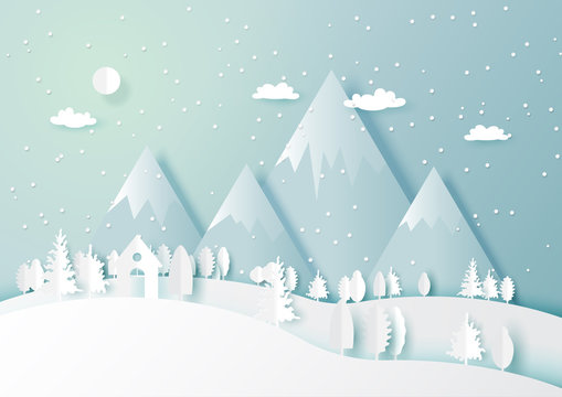 Snow and winter season abstract background with forest nature landscape for merry Christmas and happy new year paper art style.Vector illustration.
