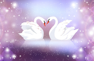 Romantic illustration of a pair of white swans on a blurred background with sparkles. Married couple. Romance. Vector illustration for your creativity.