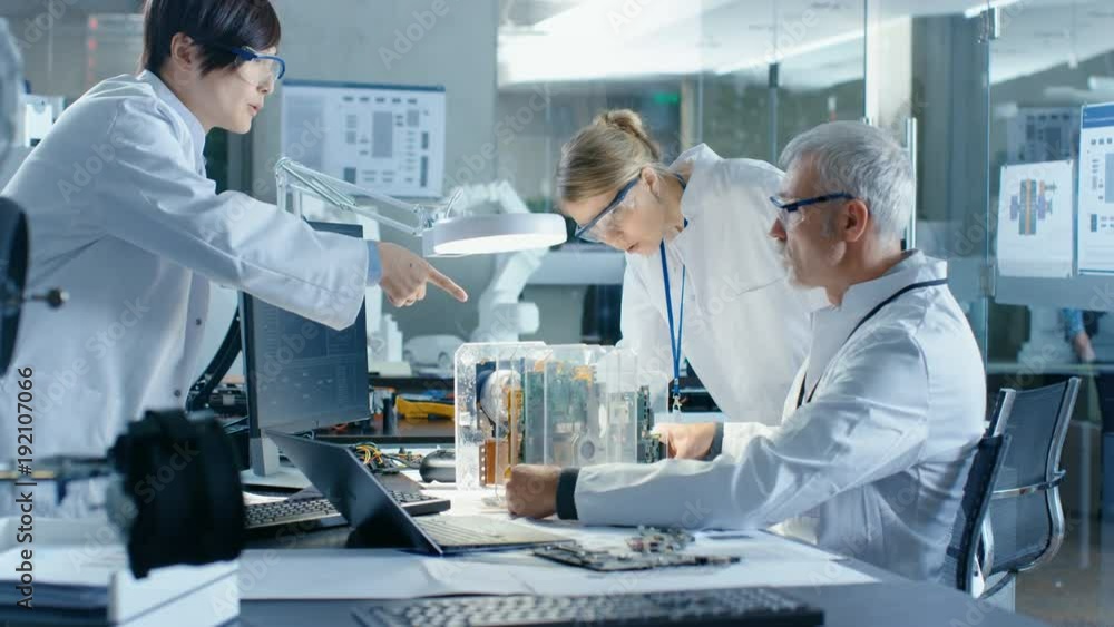 Aufkleber team of scientists choose between printed circuit board to work with. in the background technologica