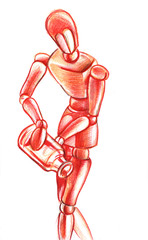 A red wooden mannequin pours water from a glass bottle of a bottle. Hand-drawn illustration of wind pencils. Aquarius