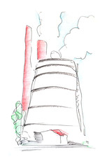The Big Domain factory and two red pipes from which smoke goes green trees. A light and light illustration is drawn in hand by colored pencils.