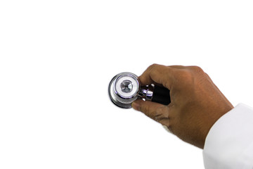 Silver Stethoscope in doctor hand isolated on white background