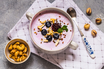 homemade yogurt with fresh blueberry and nuts, mint