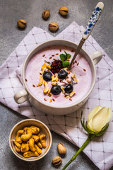 homemade yogurt with fresh blueberry and nuts, mint