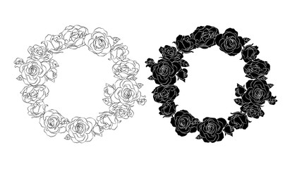 Circle of roses. Silhouette and outline of black. Vector illustration isolated on white background. Happy Valentine's day.