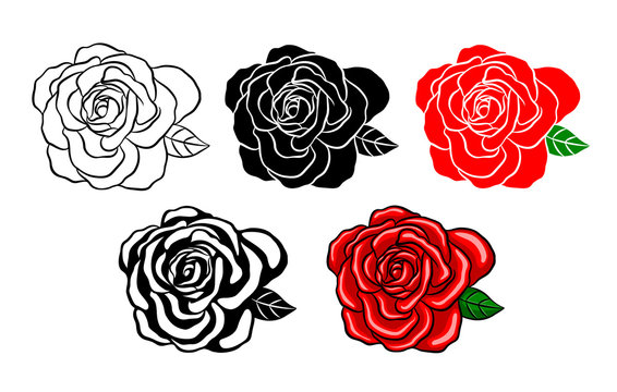 Collection of roses. Silhouette of black, color and shadow style. Vector illustration isolated on white background. Happy Valentine's day.