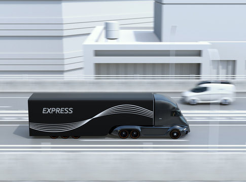Side view of black self-driving electric semi truck and minivan on highway. 3D rendering image.