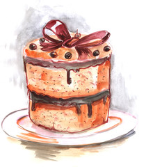 Cake with a burgundy bow and blueberries. This watercolor sketch is hand-drawn