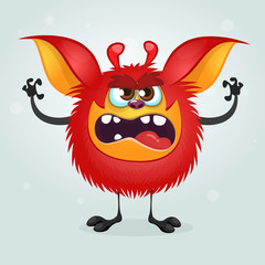 Angry red cartoon monster waving hands. Halloween vector illustration