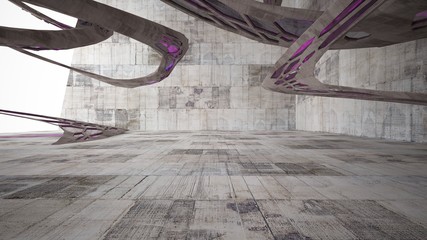 Abstract white and concrete interior  with glossy pink lines. 3D illustration and rendering.