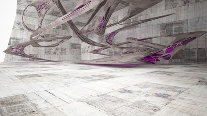 Abstract white and concrete interior  with glossy pink lines. 3D illustration and rendering.