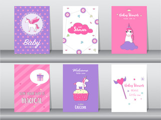Set of baby shower invitation cards,birthday cards,poster,template,greeting,cards,cute,fantasy,unicorn,animal,Vector illustrations