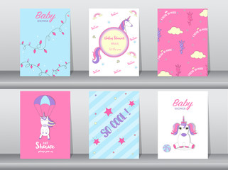 Fototapeta na wymiar Set of baby shower invitation cards,birthday cards,poster,template,greeting,cards,cute,fantasy,unicorn,animal,Vector illustrations