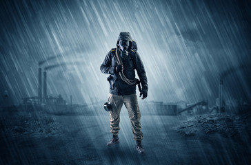 Fototapeta premium Gas masked men in demolished environment