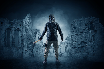 Ruined wallpaper with hazard man