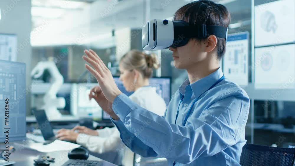 Poster computer science engineer wearing virtual reality headset works with 3d modeling, makes gestures. in