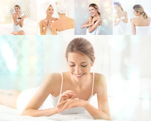 Naklejka premium Collage with young women applying body cream onto skin