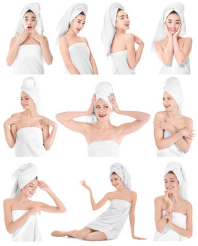 Collage with young beautiful women and soft towels on white background