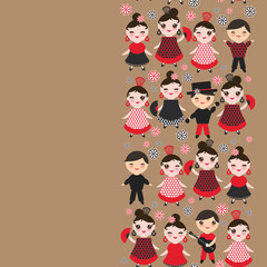 spanish Woman flamenco dancer. Kawaii cute face with pink cheeks and winking eyes. Gipsy girl, red black dress, polka dot fabric, on light brown background banner template, card design. Vector