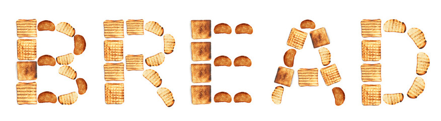Word BREAD made of toasts on white background
