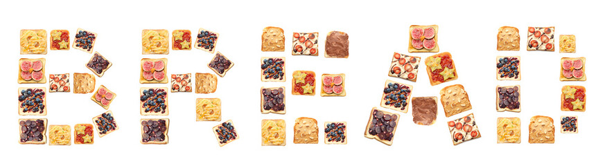 Word BREAD made of toasts with different toppings on white background