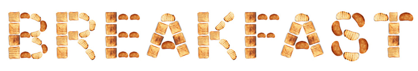 Word BREAKFAST made of toast bread slices on white background