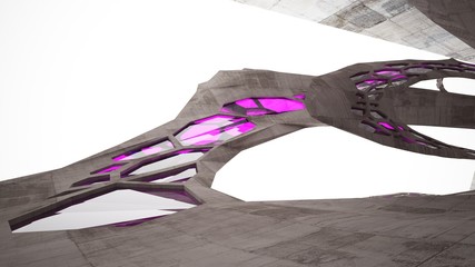 Abstract white and concrete interior  with glossy pink lines. 3D illustration and rendering.