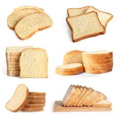 Set with slices of bread for toasting on white background
