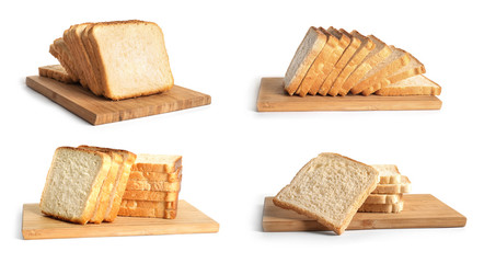 Set with slices of bread for toasting on white background
