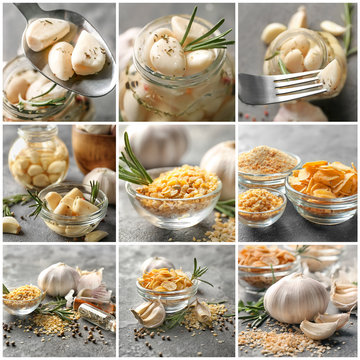 Collage with aromatic garlic