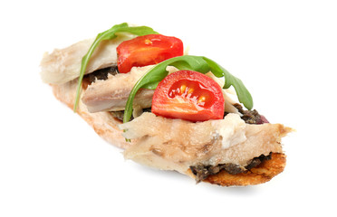 Tasty fresh bruschetta on white background