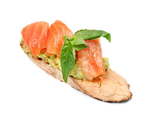 Tasty fresh bruschetta on white background