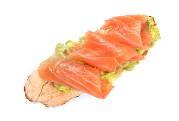 Tasty fresh bruschetta on white background, top view