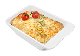 Baking dish with tasty gratin on white background