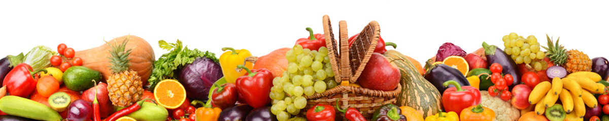 Collection fresh fruits and vegetables isolated on white background. Panoramic collage. Wide photo.