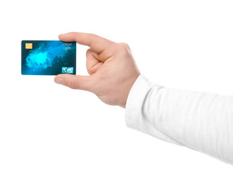 Man holding credit card on white background