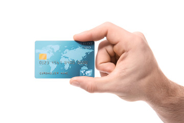 Man holding credit card on white background