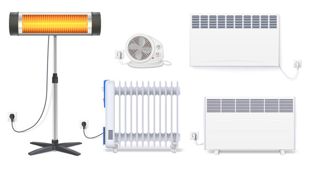 Panel Of Radiator, Electric Oil Radiator, Heater With Fan, Quartz Halogen Heater With The Glowing Lamp. Appliances For Space Heating In The Interior Of Room. Set Icons With Plug On White Background.