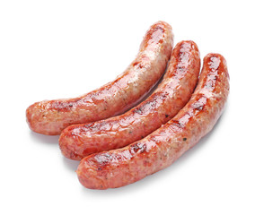 Delicious grilled sausages on white background