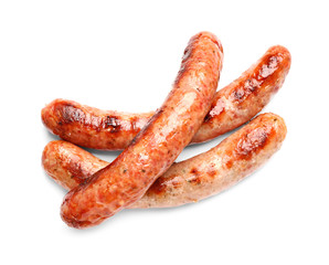 Delicious grilled sausages on white background