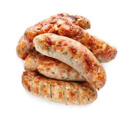 Delicious grilled sausages on white background