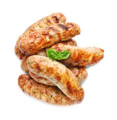 Delicious grilled sausages on white background
