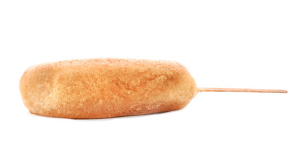Tasty corn dog on white background