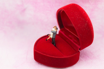 Miniature people: Couple hug each other to show love. Image use for Valentine's day concept.