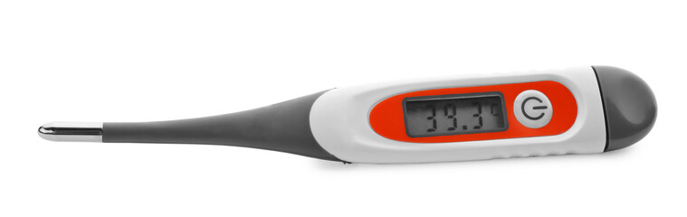 Digital thermometer on white background