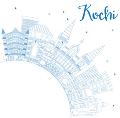 Outline Kochi India City Skyline with Blue Buildings and Copy Space.
