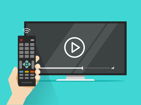 Remote control in hand near flat screen tv watching video film, cartoon person watching movie or film on television display