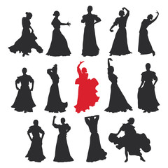 set of women in dress stay in dancing pose. flamenco dancer Spanish regions of Andalusia, Extremadura and Murcia. black silhouette white background brush sketch. Vector